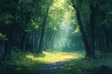 Obraz premium Serene Sunlit Forest Pathway Surrounded by Lush Green Trees and Soft Sun Rays Filtering Through the Foliage in a Peaceful Natural Setting