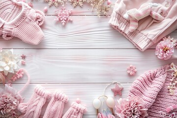 Newborn girl pink clothing and accessories on white table