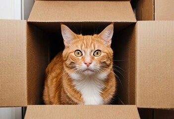 Fototapeta premium A fluffy cat sitting inside a cardboard box on a carpeted floor at home