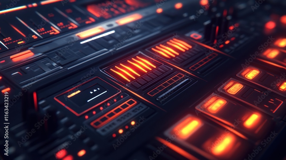 Poster close-up of a futuristic music synthesizer with glowing orange and red controls and buttons.