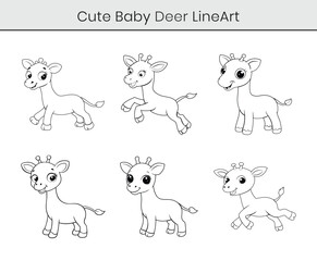 Cute cartoon baby deer vector outline bundle set on white background