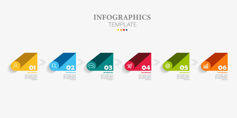 Business infographic with 6 options, arrows. Vector linear elements for presentation.