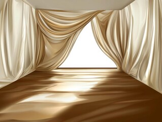 Elegant Interior Design with Flowing Gold Curtains and Polished Floor