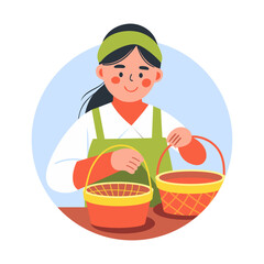 A flat illustration of a woman making baskets 