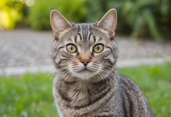 A close-up portrait of a gray tabby cat with green eyes in a sunny yard
