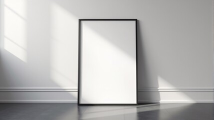 Minimalist A3 poster mockup with thin frame, standing on the wall. Natural lighting creates soft shadows for a modern and clean design. Perfect for branding or marketing.