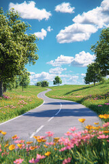 Obraz premium A beautiful, sun-drenched spring summer meadow. Natural colorful panoramic landscape with many wild flowers of daisies against blue sky. A frame with soft selective focus. 