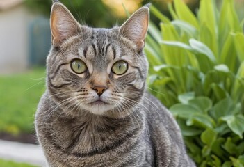 A close-up portrait of a gray tabby cat with green eyes in a sunny yard