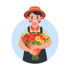 A flat illustration of a character holding bouquet 