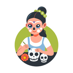 A flat illustration of a gothic girl painting on skull 