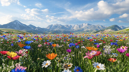 Obraz premium A beautiful, sun-drenched spring summer meadow. Natural colorful panoramic landscape with many wild flowers of daisies against blue sky. A frame with soft selective focus. 