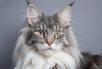 A close-up of a Maine Coon cat with gray and white fur