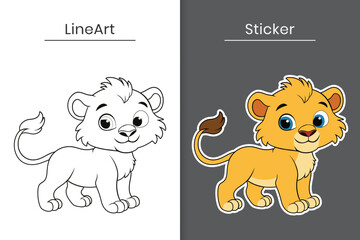 Cute cartoon baby lion vector outline and sticker flat illustration
