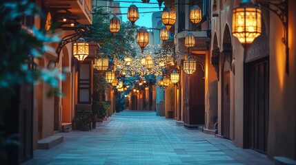 Enchanting evening alley with glowing lanterns in a narrow middle eastern street