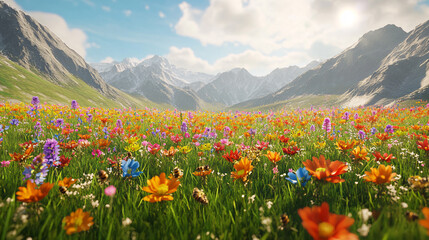 Fototapeta premium A beautiful, sun-drenched spring summer meadow. Natural colorful panoramic landscape with many wild flowers of daisies against blue sky. A frame with soft selective focus. 
