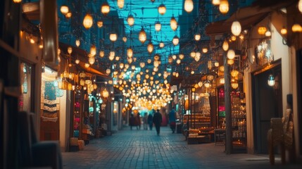 Enchanting evening bazaar with lanterns illuminating a cobblestone street