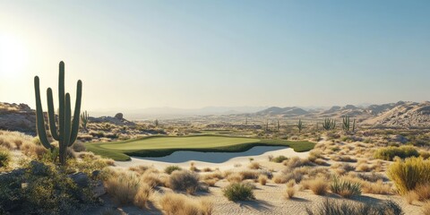 Obraz premium Desert Golf Course Landscape With Cacti And Sand