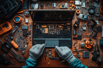 Engaging in intricate laptop repair on a wooden workbench surrounded by tools and electronic components