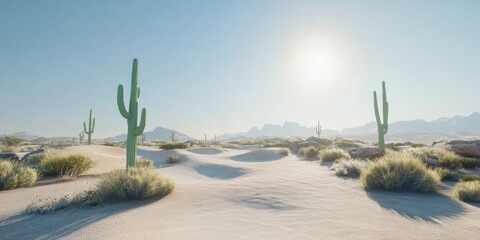 Desert landscape featuring saguaro cacti under a bright sun