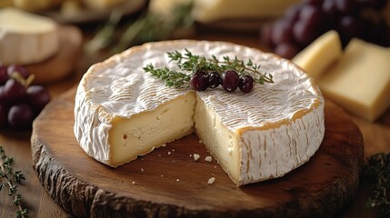 Various kind of cheese served on wooden table, traditional pieces of french and italy hand-made cheese.
