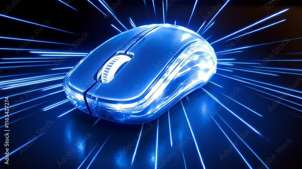 Poster light effects created by a glowing computer mouse on a dark surface at night