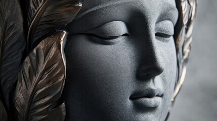 Serene Stone Sculpture: A Gray Goddess Head Adorned with Bronze Leaves