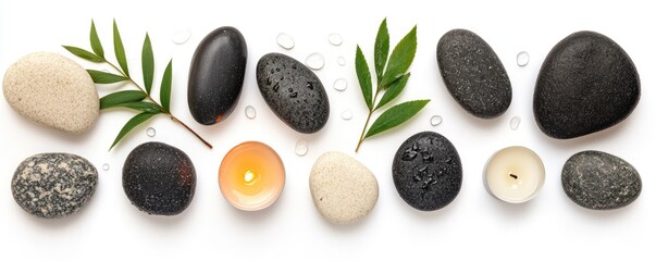 Naklejka premium Smooth stones candles and leaves arranged for a spa treatment