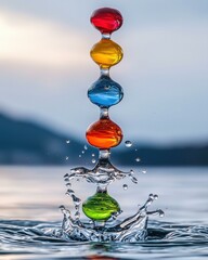 Colorful water droplets creating a stunning tower. AI.