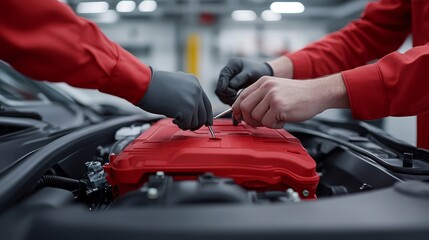 Two mechanics are working on a red engine