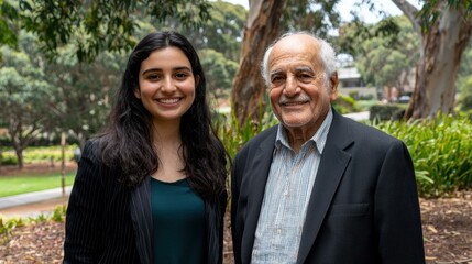 A young woman smiles warmly, with an older man in the background. AI.
