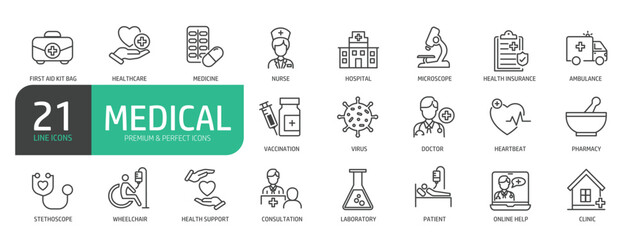 Medical Line Icon Set. Contains icons as Doctor, Nurse, First Aid Kit Bag, Hospital, Medicine, Pharmacy, Clinic, Patient.