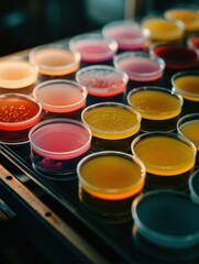 Colorful  dishes showcasing various fungal cultures. AI.