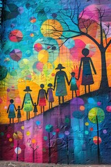 Obraz premium A vibrant mural showcases a family of various sizes walking hand in hand. The background features multicolored circles and abstract designs, creating a joyful atmosphere