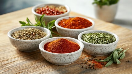Colorful Assortment of Spices and Herbs in Small Bowls Arranged on a Wooden Surface for Culinary Inspiration and Cooking Background
