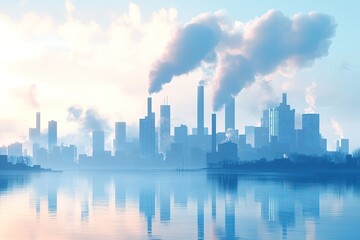 Naklejka premium Industrial City Skyline Reflected in Calm Water