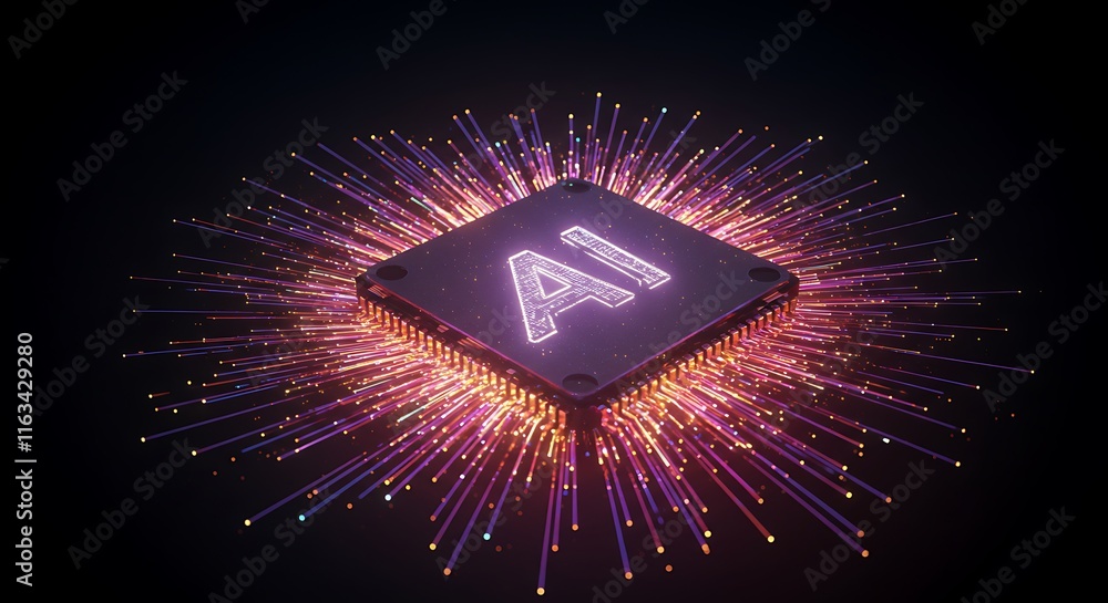 Poster ai word on microchip and colorful light spread with strong beam , ai concept with copyspace banner b