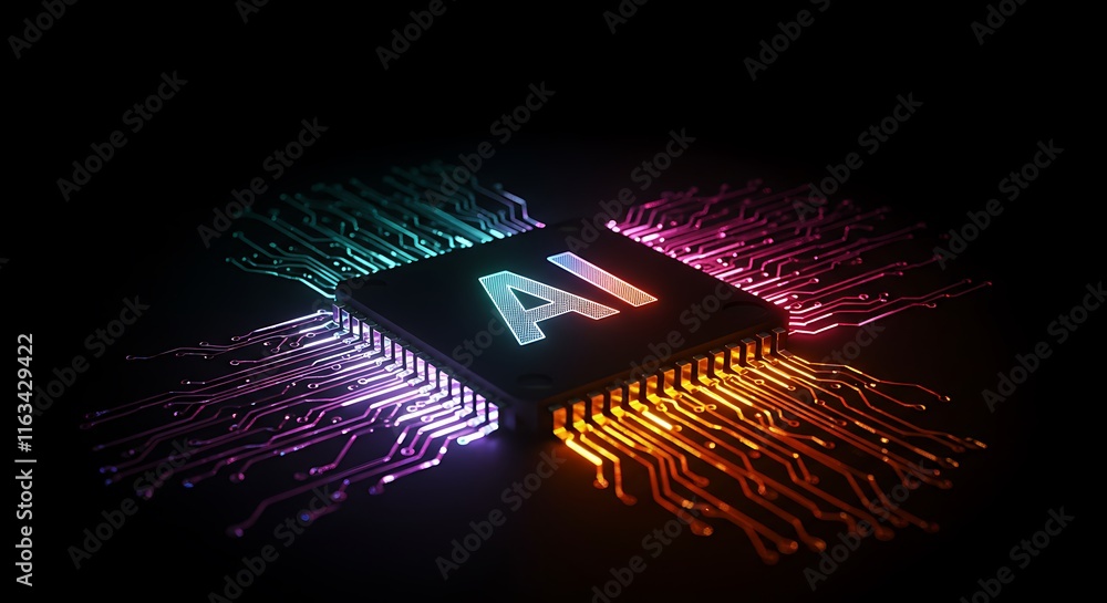 Poster ai word on microchip and colorful light spread with strong beam , ai concept with copyspace banner b