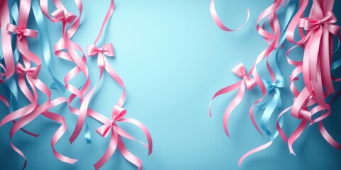 Pastel Pink and Blue Ribbons and Bows on a Light Blue Background