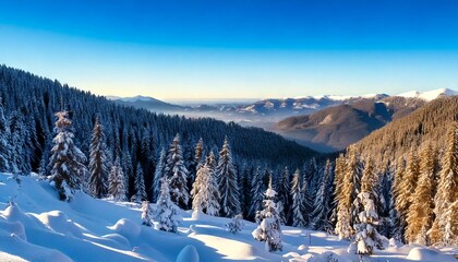 snow forest in mountains shot at sunrise after the morning trek, winter season, cold weather and clear blue skies background; high angle view point photography
Graphic