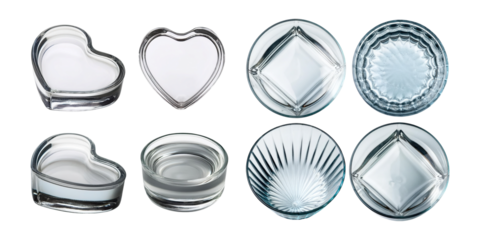 Various Transparent Glass Containers on White Background