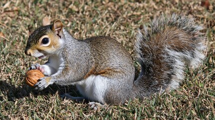 Naklejka premium Gray squirrel eating a walnut in dry grass.