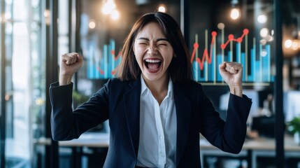 A woman in a business suit is celebrating with her hands in the air. Generative AI