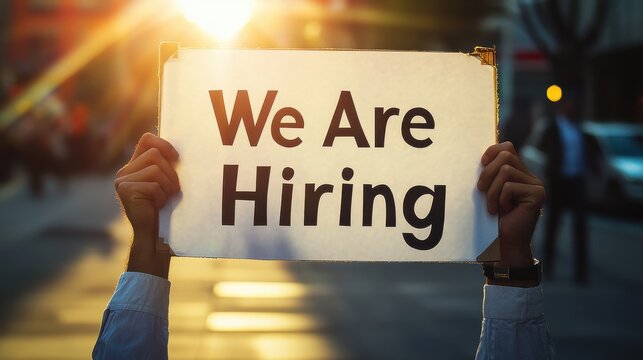 Hands Holding a Sign That Reads "We Are Hiring" in a Busy Urban Setting During Sunset, Symbolizing Job Opportunities and Employment Search