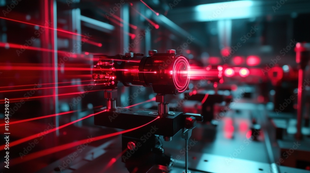 Poster red laser beam emitting from advanced optical device in a high-tech laboratory.