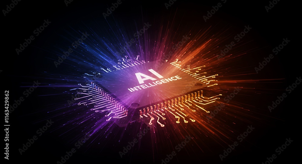 Poster ai word on microchip and colorful light spread with strong beam , ai concept with copyspace banner b
