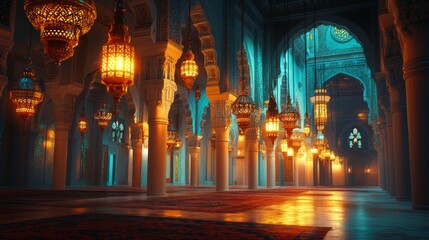 Grand mosque interior with ornate lanterns and intricate decor