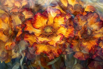 Vibrant and Artistic Floral Display Featuring Bold Orange and Yellow Petals with Intricate Textures in a Dreamlike Blur Effect