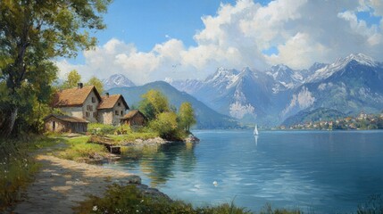 Fototapeta premium Serene Lakeside Village with Majestic Mountain Views