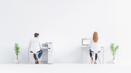 Obraz premium Two people sitting at desks in a white room