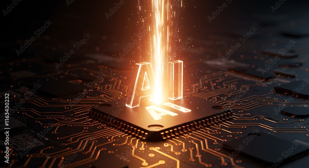 Poster ai word on microchip and colorful light spread with strong beam , ai concept with copyspace banner b